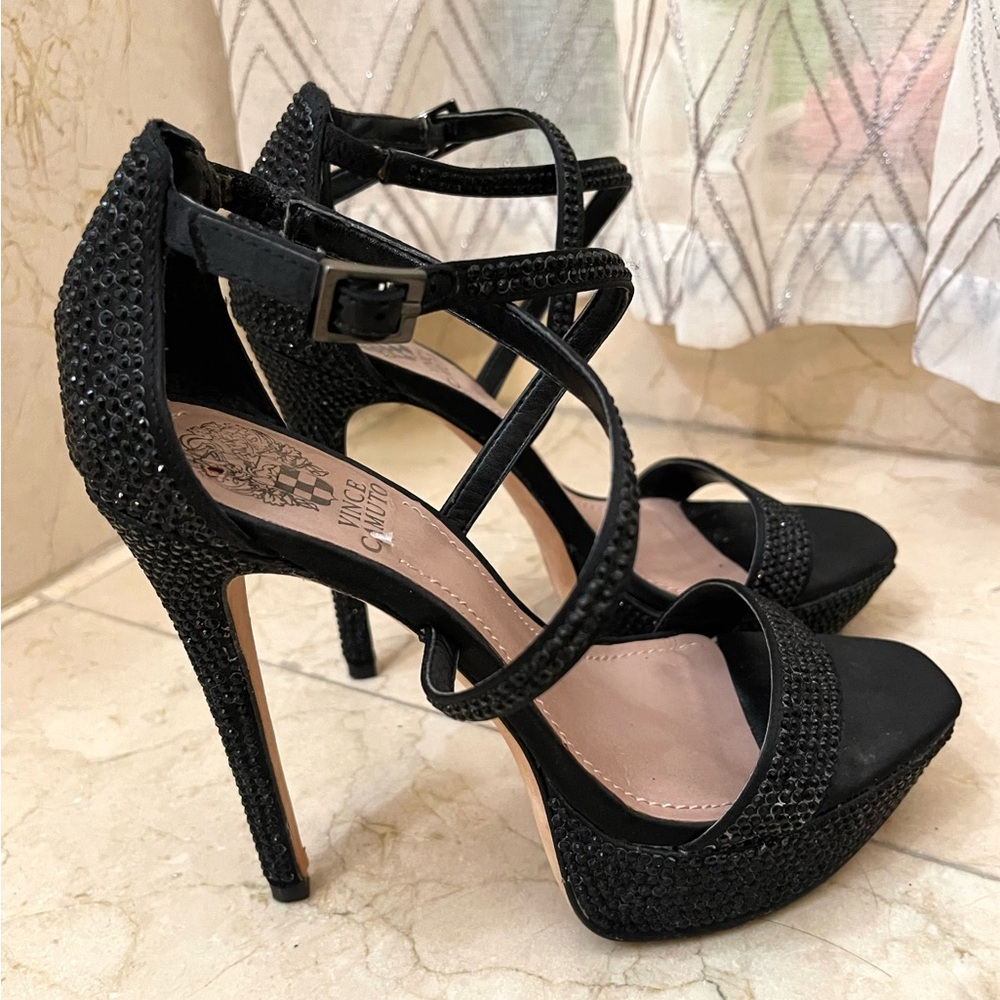 Stunning Vince Camuto Black Rhinestone Strappy Platform Heels